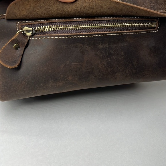Brown Heavy Duty Leather Double Zipper Dopp Toiletrie Bag - New - Picture 6 of 9